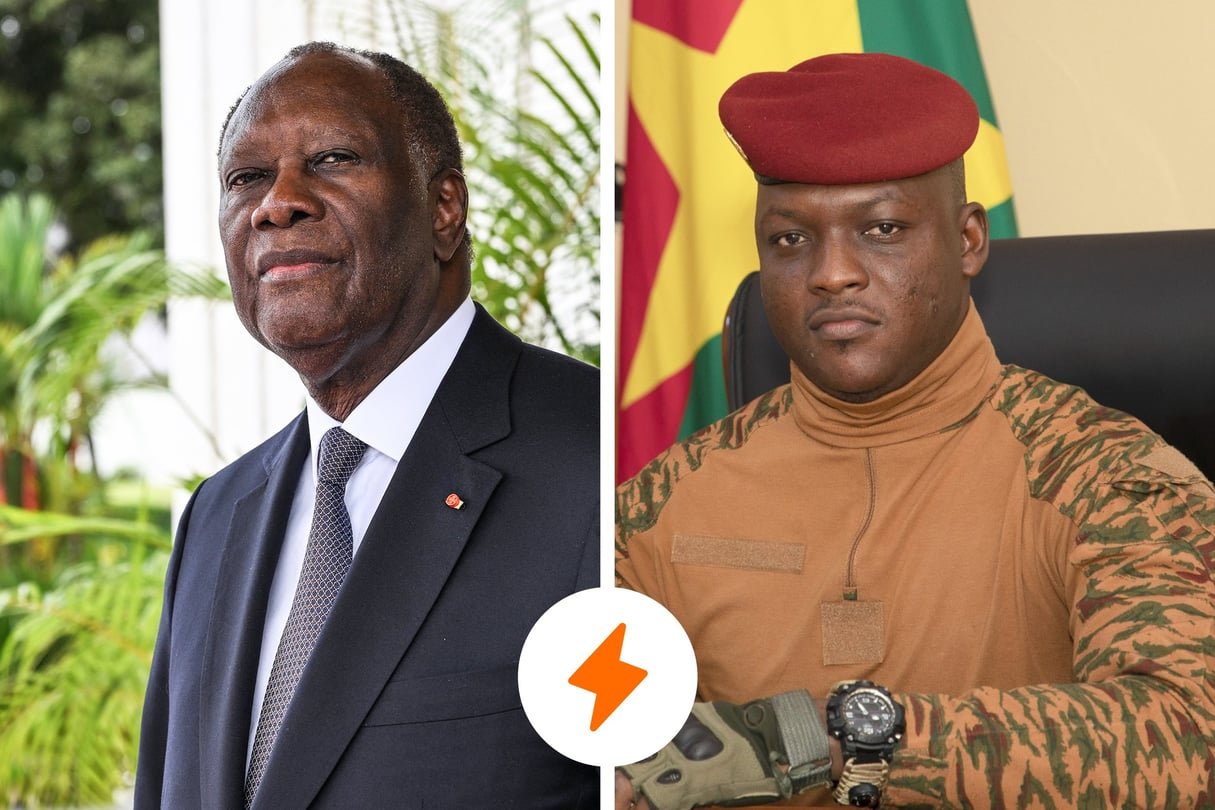 Le président ivoirien, Alassane Ouattara (à gauche) et son homologue burkinabé Ibrahim Traoré (à droite). ©J.A